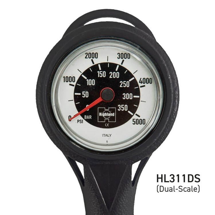 XS Scuba Highland Thin Line Pressure Gauge - Dual Scale/Miflex Hose - 4